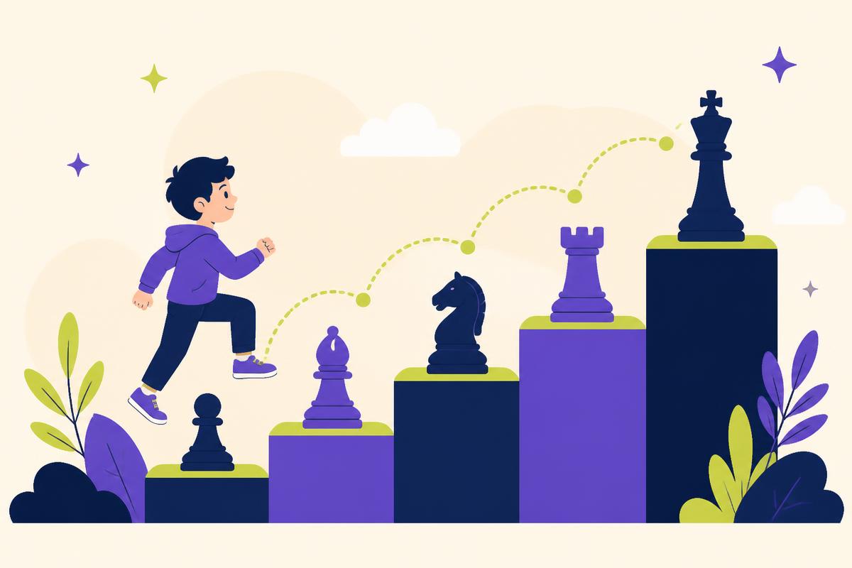 A child climbing five steps marked with chess pieces from pawn to king