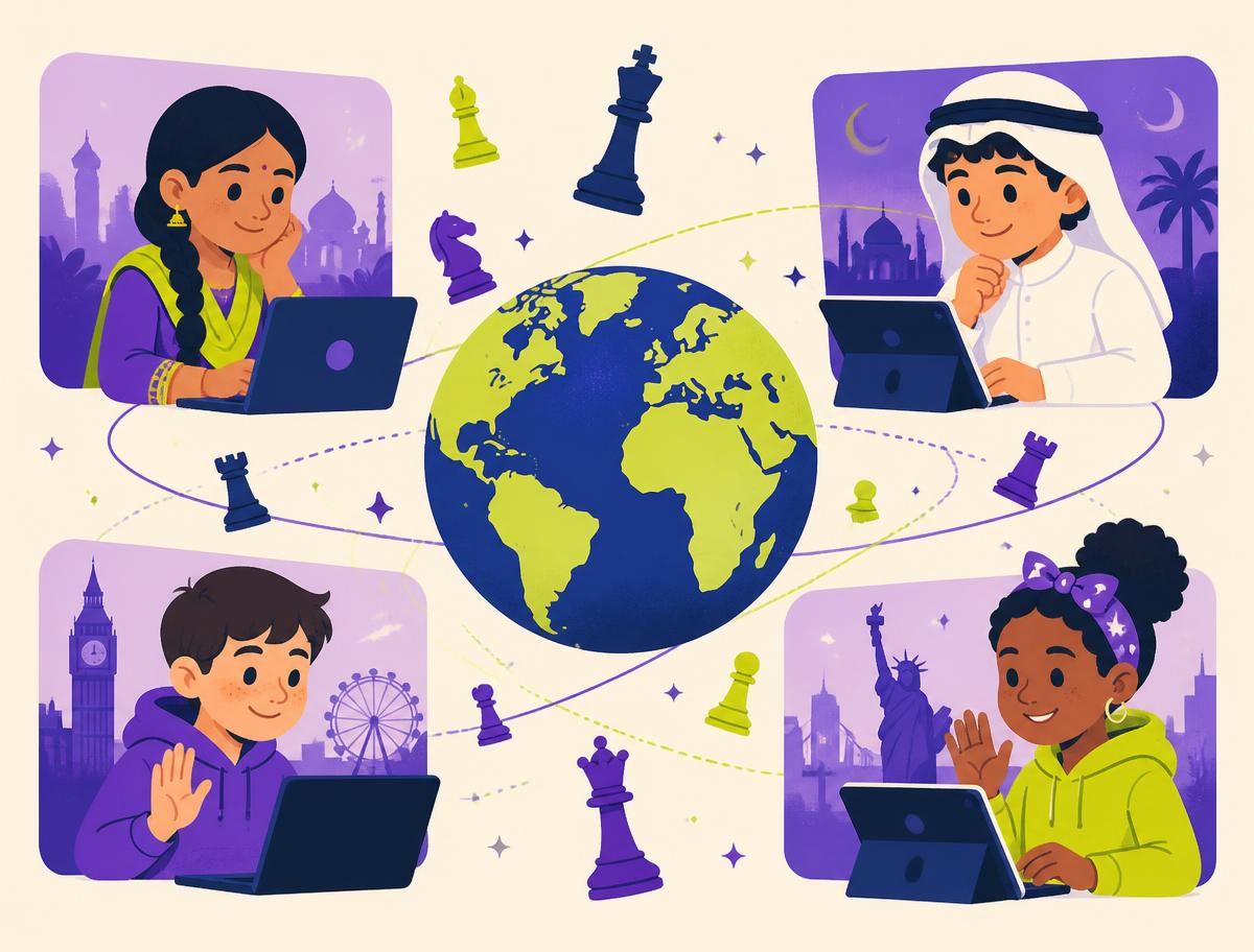 Children from different countries learning chess online together around a globe