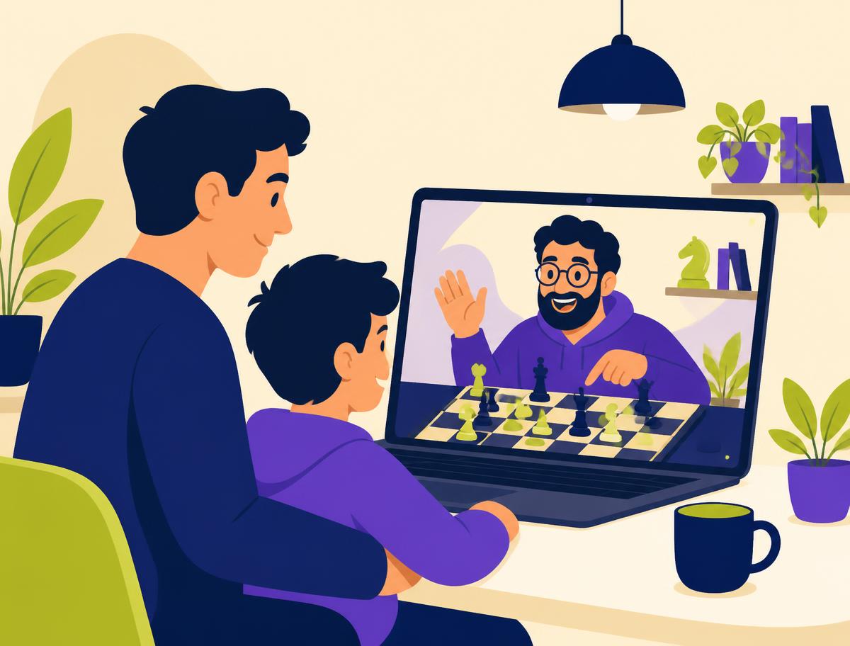 A parent and child meeting a friendly online chess coach on a video call