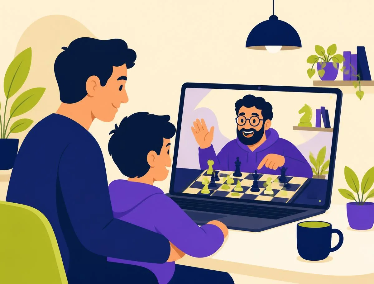 A parent and child meeting a friendly online chess coach on a video call
