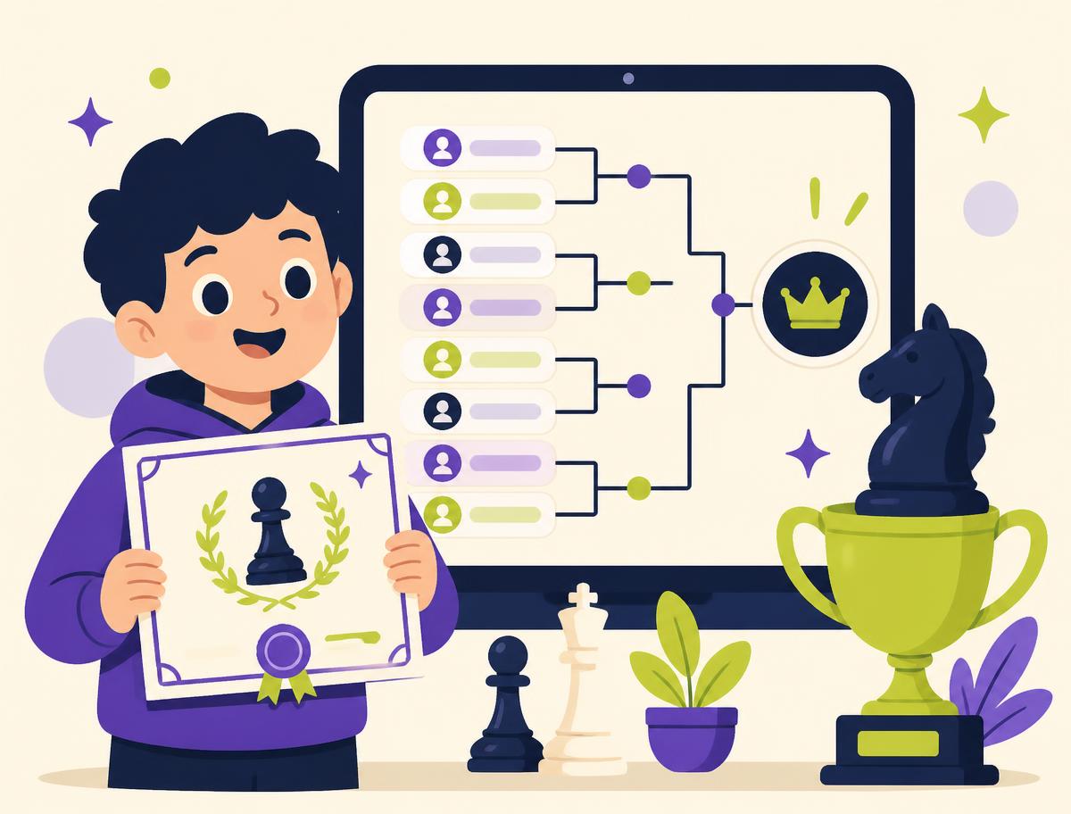 A child holding a chess certificate next to a friendly tournament bracket